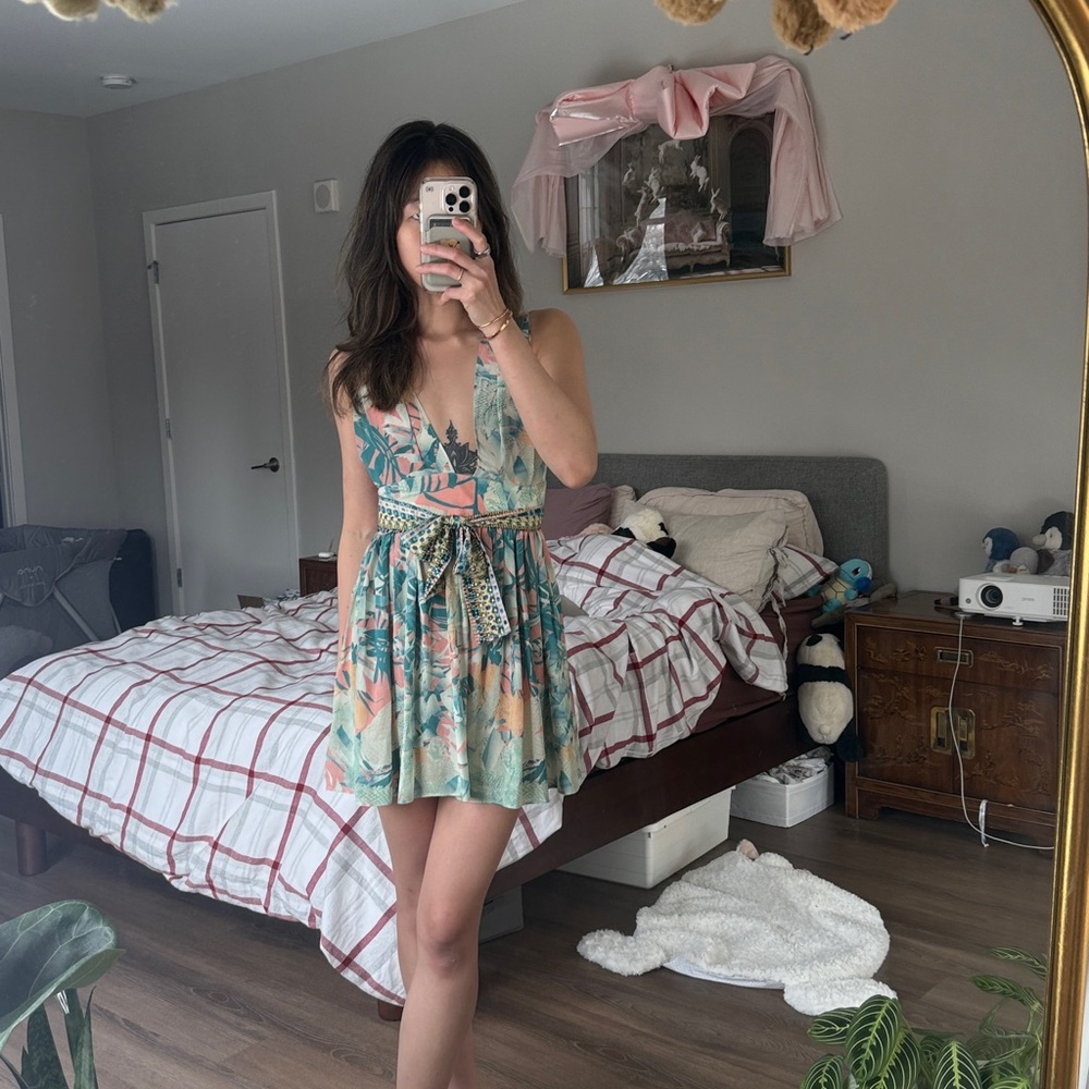 Camilla silk floral print deep cut floral print dress with rhinestone waist belt